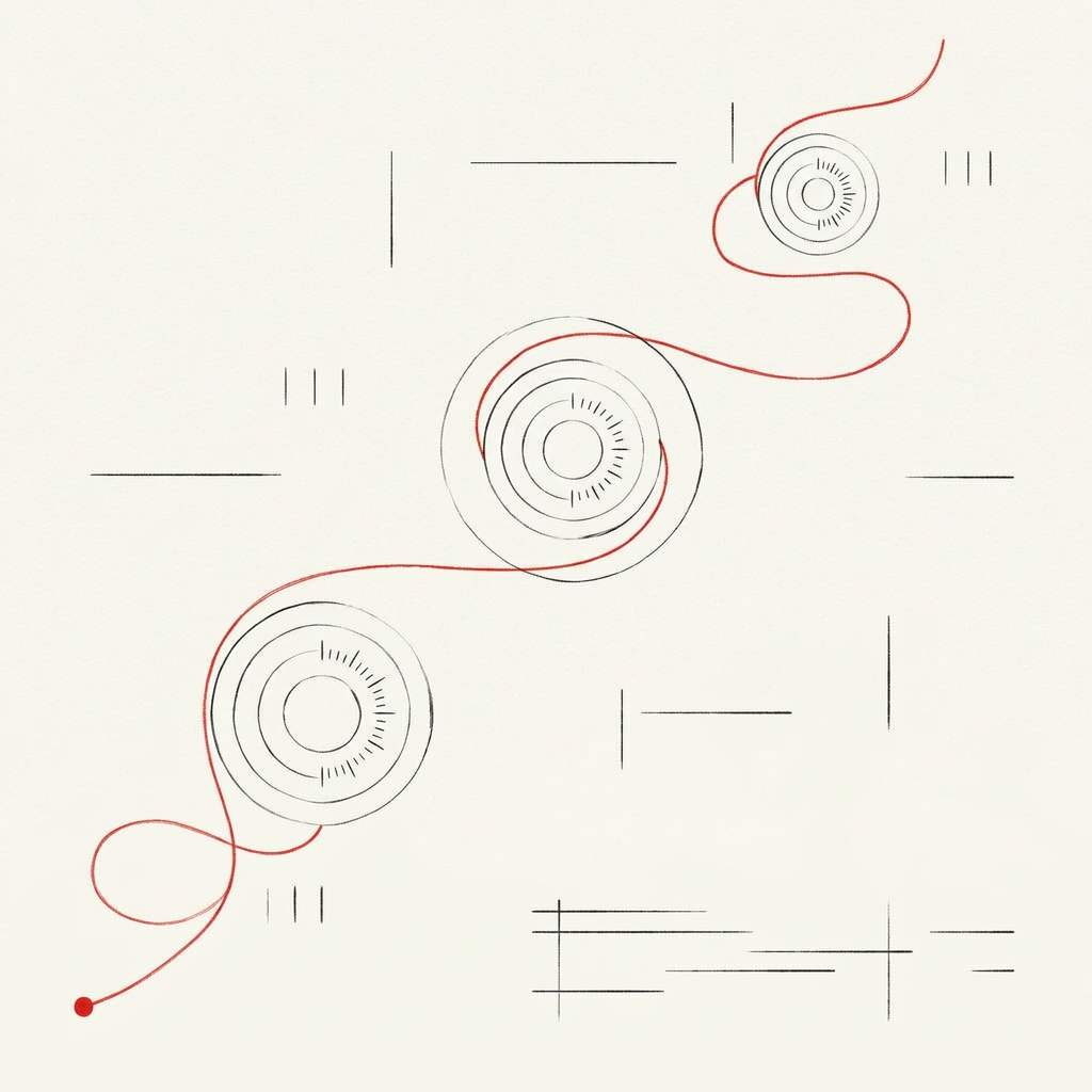 Abstract hand-drawn composition of concentric ink circles, tick marks, and ruled fragments connected by one winding red thread.